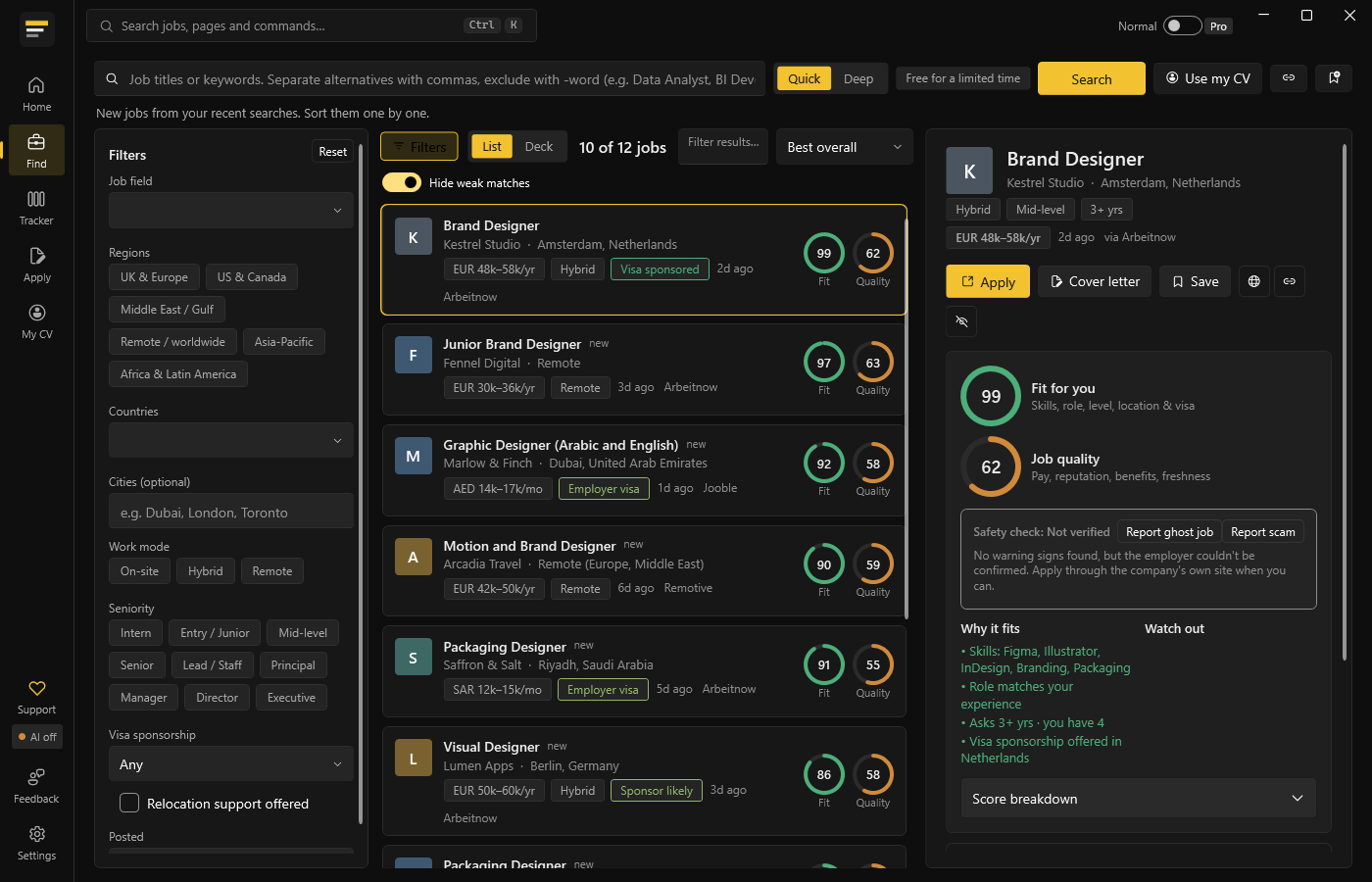 Search results with fit and quality scores and a safety check