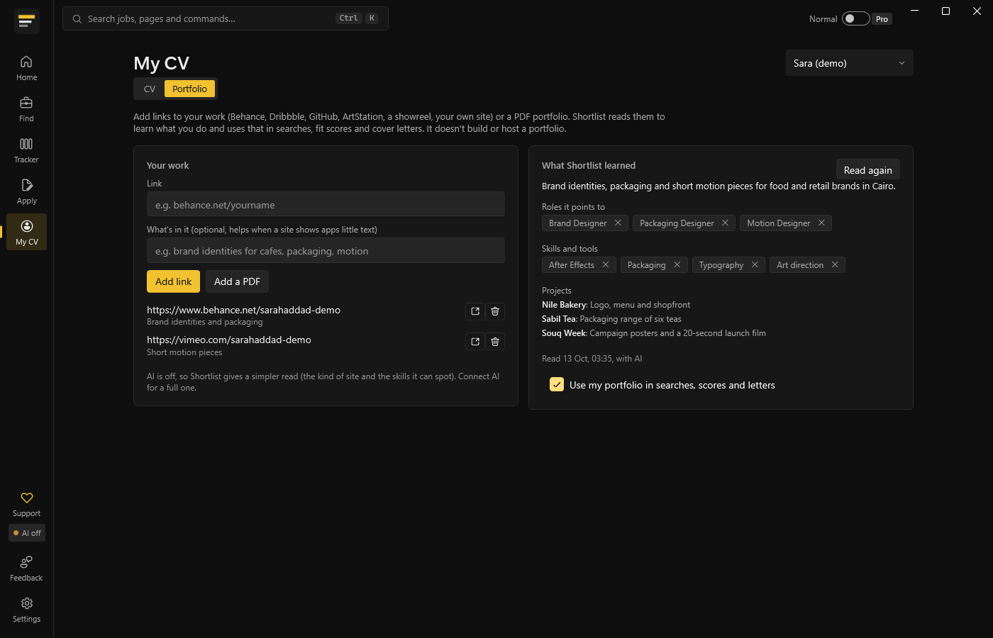 Portfolio tab with links and what Shortlist learned from them