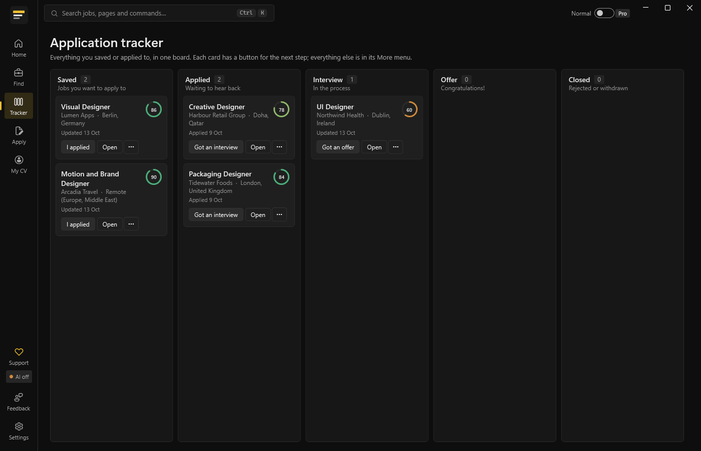 Application tracker with a next-step button on each card